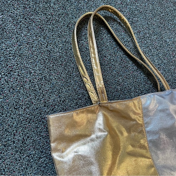 Color-block Shiny Metallic Silver & Gold Medium Large Tote Bag Pockets Laptop - Picture 7 of 16